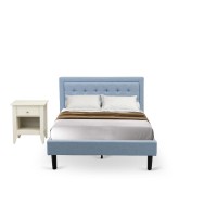 Fn11F-1Ga0C 2-Piece Platform Full Bedroom Set With 1 Full Bed Frame And A Wooden Night Stand - Denim Blue Linen Fabric