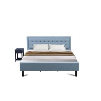 Fn11K-1De15 2-Piece Platform Bedroom Set With 1 Mid Century Bed And 1 Bedroom Nightstand - Denim Blue Linen Fabric