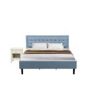 Fn11K-1Ga0C 2-Pc Fannin Bed Set With 1 King Frame And A Wire Brushed Butter Cream Modern Nightstand - Denim Blue Linen Fabric Bed