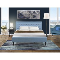 Fn11K-1Go15 2-Pc Platform King Bed Set With 1 Mid Century Bed And A Navy Blue Bedroom Nightstand - Denim Blue Linen Fabric Bed