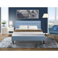 Fn11K-1Vl0C 2-Piece Platform Bed Set With 1 King Size Bed And A Small Nightstand - Denim Blue Linen Fabric
