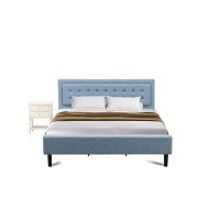 Fn11K-1Vl0C 2-Piece Platform Bed Set With 1 King Size Bed And A Small Nightstand - Denim Blue Linen Fabric