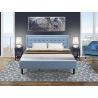 Fn11K-2De15 3-Piece Fannin King Bedroom Set With 1 King Frame And 2 Modern Nightstands - Denim Blue Linen Fabric