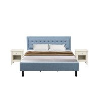 Fn11K-2Ga0C 3-Piece Platform King Bedroom Set With 1 Wood Bed Frame And 2 Modern Nightstands - Denim Blue Linen Fabric