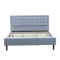 Fn11K-2Ga0C 3-Piece Platform King Bedroom Set With 1 Wood Bed Frame And 2 Modern Nightstands - Denim Blue Linen Fabric