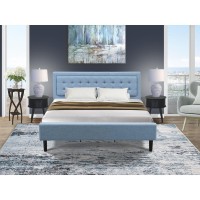 Fn11K-2Go15 3-Piece Platform King Size Bedroom Set With 1 King Size Frame And 2 End Tables For Bedroom - Denim Blue Linen Fabric
