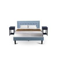 Fn11Q-2De15 3-Piece Platform Bed Set With 1 Queen Bed Frame And 2 Night Stands - Denim Blue Linen Fabric