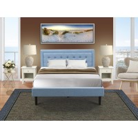 Fn11Q-2Ga0C 3-Piece Fannin Queen Bedroom Set With 1 Modern Bed And 2 Night Stands For Bedrooms - Denim Blue Linen Fabric
