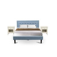Fn11Q-2Ga0C 3-Piece Fannin Queen Bedroom Set With 1 Modern Bed And 2 Night Stands For Bedrooms - Denim Blue Linen Fabric
