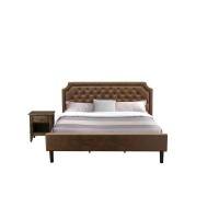 Gb25K-1Ga07 2-Pc King Bedroom Set With Upholstered Bed And Distressed Jacobean Nightstand - Dark Brown Faux Leather And Black Legs
