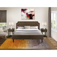 Gb25K-2De07 3-Pc Wooden Set For Bedroom With Bed And 2 Distressed Jacobean Night Stands - Dark Brown Faux Leather And Black Legs