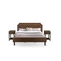 Gb25K-2De07 3-Pc Wooden Set For Bedroom With Bed And 2 Distressed Jacobean Night Stands - Dark Brown Faux Leather And Black Legs