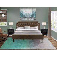 Gb25K-2Ga06 3-Pc Bedroom Set With Bed And 2 Wire Brushed Black End Tables For Bedroom - Dark Brown Faux Leather And Black Legs