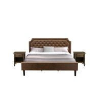 Gb25K-2Ga07 3-Pc Platform Bedroom Set With King Bed And 2 Distressed Jacobean End Tables - Dark Brown Faux Leather And Black Legs