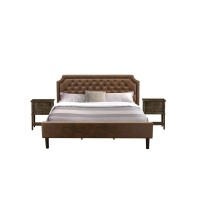 Gb25K-2Vl07 3-Pc King Bedroom Set With Bed And 2 Distressed Jacobean Bedroom Nightstand - Dark Brown Faux Leather And Black Legs