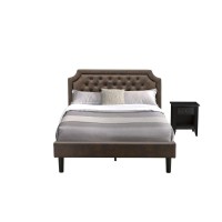 Gb25Q-1Ga06 2-Pc Wooden Set For Bedroom With Bed Frame And Wire Brushed Black Nightstand - Dark Brown Faux Leather And Black Legs