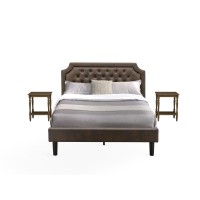 Gb25Q-2Bf08 3-Pc Platform Bed Set With Upholstered Bed And 2 Antique Walnut Nightstands - Dark Brown Faux Leather And Black Legs