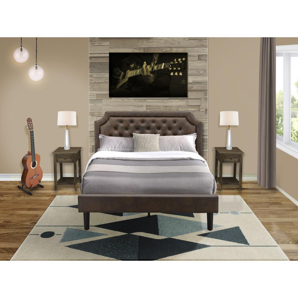 Gb25Q-2De07 3-Pc Granbury Bed Set With Wood Bed And 2 Distressed Jacobean Night Stands - Dark Brown Faux Leather And Black Legs