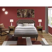 Gb25Q-2Ga08 3-Pc Platform Bed Set With A Queen Size Bed And 2 Antique Walnut Night Stands - Dark Brown Faux Leather And Black Legs