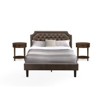 Gb25Q-2Hi08 3-Pc Platform Bedroom Set With Queen Bedframe And 2 Antique Walnut End Tables - Dark Brown Faux Leather And Black Legs