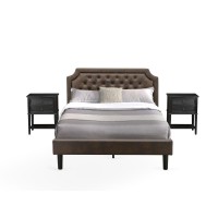 Gb25Q-2Vl06 3-Pc Bed Set With Frame And 2 Wire Brushed Black End Tables For Bedroom - Dark Brown Faux Leather And Black Legs