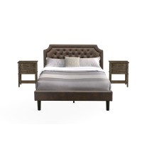 Gb25Q-2Vl07 3-Pc Bed Set With Queen Size Frame And 2 Distressed Jacobean Wood Nightstands - Dark Brown Faux Leather And Black Legs