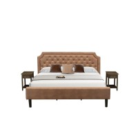 Gb28K-2De07 3-Piece Platform Bed Set With Bed And 2 Distressed Jacobean Modern Nightstands - Brown Faux Leather And Black Legs