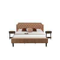 Gb28K-2Hi07 3-Pc Granbury Bed Set With A King Bed And 2 Distressed Jacobean Small Nightstands - Brown Faux Leather And Black Legs