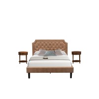 Gb28Q-2Hi08 3-Piece Queen Bed Set With Bed Frame And 2 Antique Walnut Mid Century Nightstands - Brown Faux Leather And Black Legs