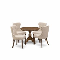 Hbsi5-Awa-04 5 Pc Dining Set - Kitchen Table With 4 Light Tan Mid Century Chairs - Acacia Walnut Finish