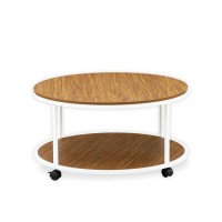 Harley Round Coffee Table For Living Room, Mid Century Modern Coffee Table In Powder Coating White Color And Brown Wood Laminate