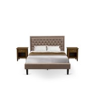 Kd16Q-2Ga08 3 Pc Queen Bedroom Set - Queen Bed Dark Khaki Headboard With 2 Night Stand - Black Finish Legs