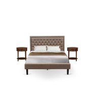 Kd16Q-2Hi08 3 Piece Queen Bedroom Set - Queen Bed Dark Khaki Headboard With 2 Wood Nightstand - Black Finish Legs