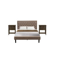 Kd16Q-2Vl07 3 Piece Bedroom Set - Platform Bed Dark Khaki Headboard With 2 Nightstands - Black Finish Legs