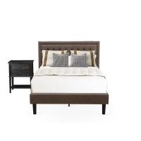 Kd18F-1Vl06 2 Piece Wooden Bedroom Set - Wood Bed Frame Brown Headboard With 1 Nightstand - Black Finish Legs