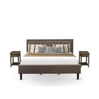 Kd18K-2De07 3 Piece King Size Bed Set - Platform Bed Brown Headboard With 2 Night Stand - Black Finish Legs