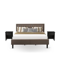 Kd18K-2Ga06 3 Piece Bedroom Set - King Size Bed Brown Headboard With 2 Wooden Night Stand - Black Finish Legs