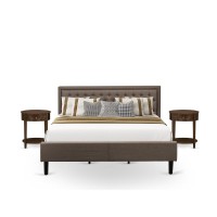 Kd18K-2Hi08 3 Pc King Size Bed Set - Bed Frame Brown Headboard With 2 Wooden Nightstand - Black Finish Legs
