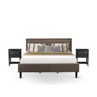 Kd18K-2Vl06 3 Pc King Bedroom Set - Bed Frame Brown Headboard With 2 Modern Nightstand - Black Finish Legs
