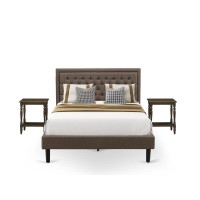 Kd18Q-2Bf07 3 Pc Queen Bed Set - Platform Bed Brown Headboard With 2 Small Nightstand - Black Finish Legs