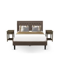 Kd18Q-2De07 3 Pc Bed Set - Modern Bed Frame Brown Headboard With 2 Mid Century Nightstand - Black Finish Legs