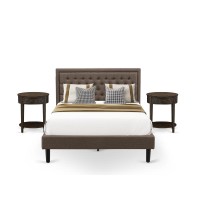Kd18Q-2Hi07 3 Pc Queen Bedroom Set - Bed Frame Brown Headboard With 2 Bedroom Nightstand - Black Finish Legs