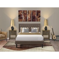 Kd18Q-2Vl07 3 Piece Queen Size Bed Set - Bed Frame Brown Headboard With 2 Small Nightstand - Black Finish Legs