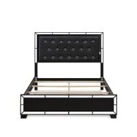 Ne11-Q2N000 3-Pc Nella Bedroom Set With Button Tufted Queen Bedframe And 2 Modern Nightstands - Black Leather Headboard And Legs