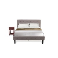 Nl14F-1De13 2 Piece Full Bed Set - 1 Bed Brown Taupe Velvet Fabric Headboard And 1 Modern Nightstand - Burgundy Finish Nightstand