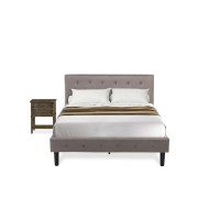Nl14F-1Vl07 2 Pc Bedroom Set - 1 Bed Brown Taupe Velvet Fabric Headboard And 1 Nightstand - Distressed Jacobean Finish Nightstand