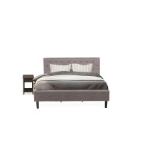 Nl14K-1De07 2 Pc King Bed Set - 1 Bed Brown Taupe Velvet Fabric Headboard And 1 Nightstand - Distressed Jacobean Finish Nightstand
