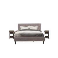 Nl14K-2De07 3 Piece Bed Set - 1 Bed Brown Taupe Velvet Fabric Headboard And 2 Night Stand - Distressed Jacobean Finish Nightstand