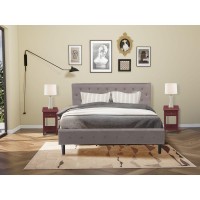 Nl14K-2De13 3 Piece Bed Set - 1 King Bed Brown Taupe Velvet Fabric Headboard And 2 Night Stands - Burgundy Finish Nightstand