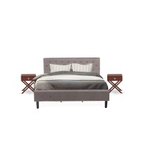 Nl14K-2Ha13 3 Pc Bedroom Set - 1 King Bed Brown Taupe Velvet Fabric Headboard And 2 Night Stands - Burgundy Finish Nightstand